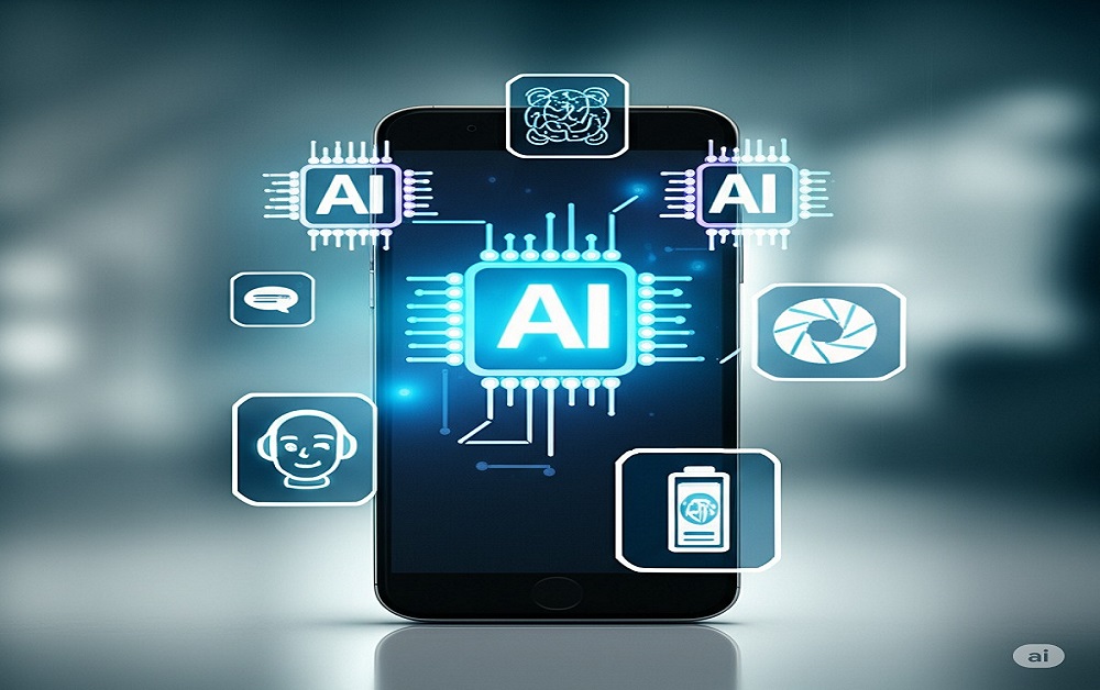 Illustration of the future of AI in smartphones with intelligent features and processor icons