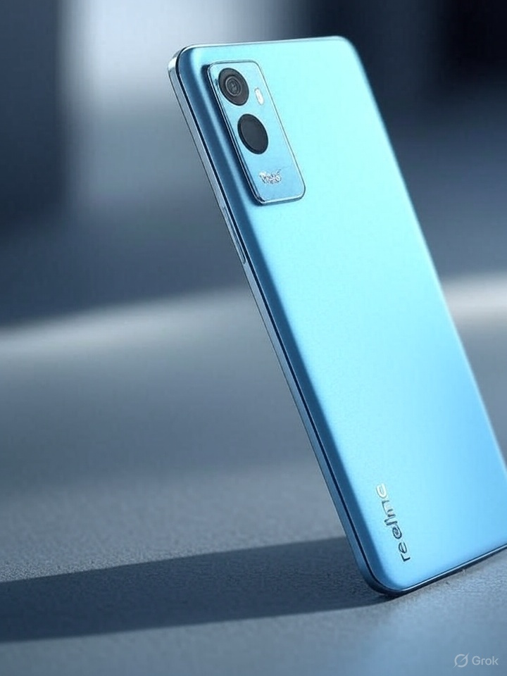 Realme GT 7 smartphone in IceSense Blue with triple camera setup